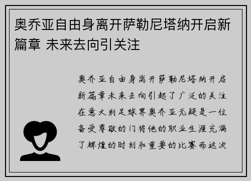 奥乔亚自由身离开萨勒尼塔纳开启新篇章 未来去向引关注